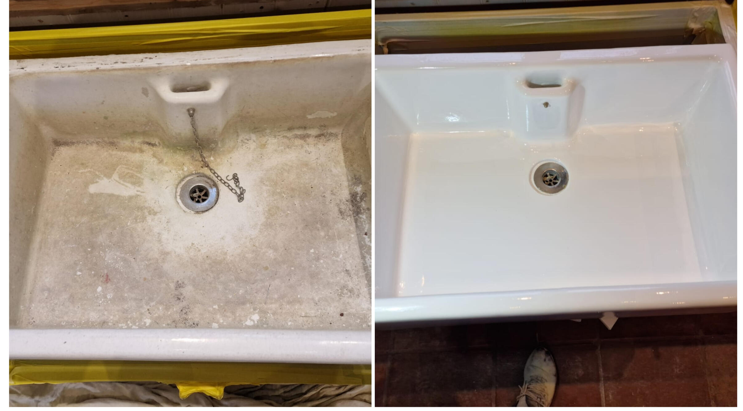 BELFAST KITCHEN SINK RESTORED IN Poole BEFORE AND AFTER PHOTOS OF A KITCHEN CERAMIC BELFAST SINK, WAS DAMAGED AND FULL OF CHIPS, FULLY RESORED TO A LIKE NEW FINISH IN Poole