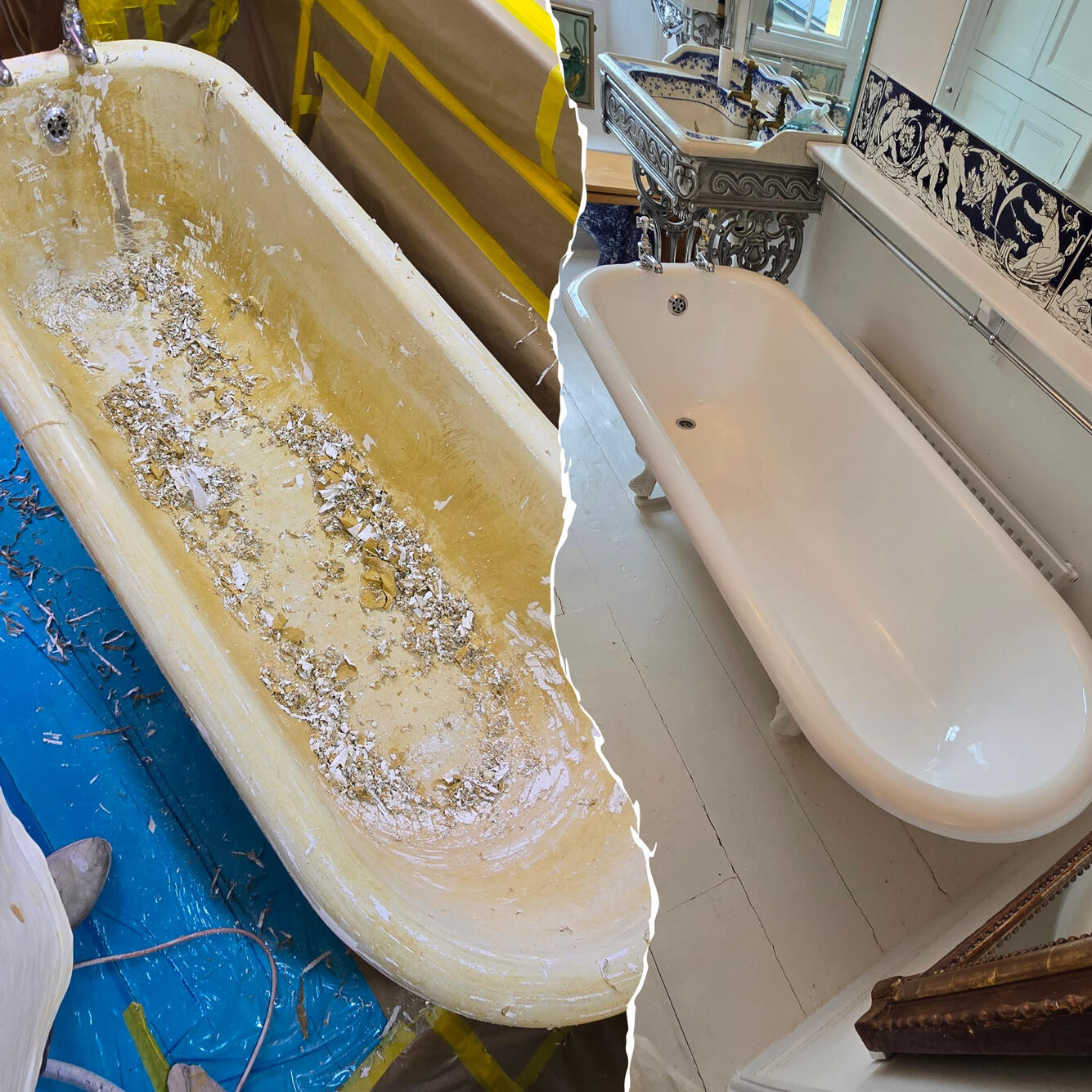 Roll top bath re-enamelled in Bournemouth Before and after Victorian cast iron roll top bath re-enamelling in Southbourne, Bournemouth