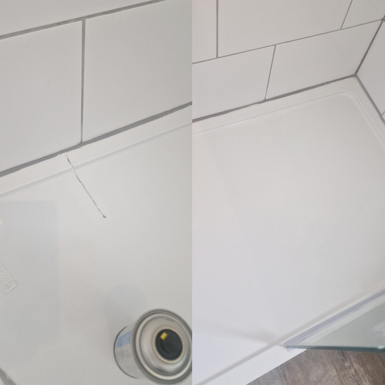 Shower tray crack repair Before and after stone resin shower tray crack repair in Winton, Bournemouth