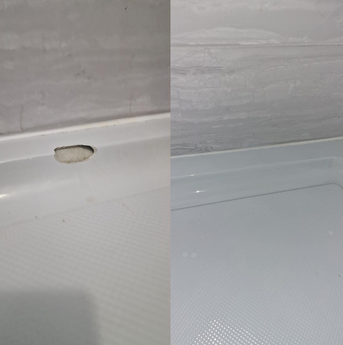 BEFORE AND AFTER PICTURES OF A STONE RESIN SHOWER TRAY CHIP REPAIR Before and after pictures of a shower Tray repair in Bournemouth