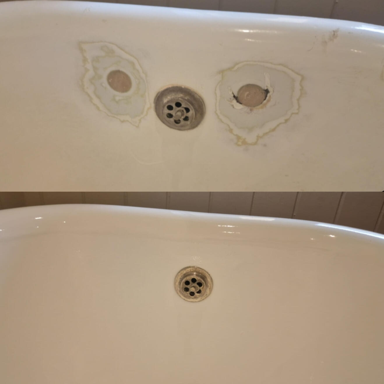 BEFORE AND AFTER PICTURES OF A CAST IRON BATH TAP HOLES FILLED AND REPAIRED Before and after cast iron bath tap holes filled and repaired in Bournemouth