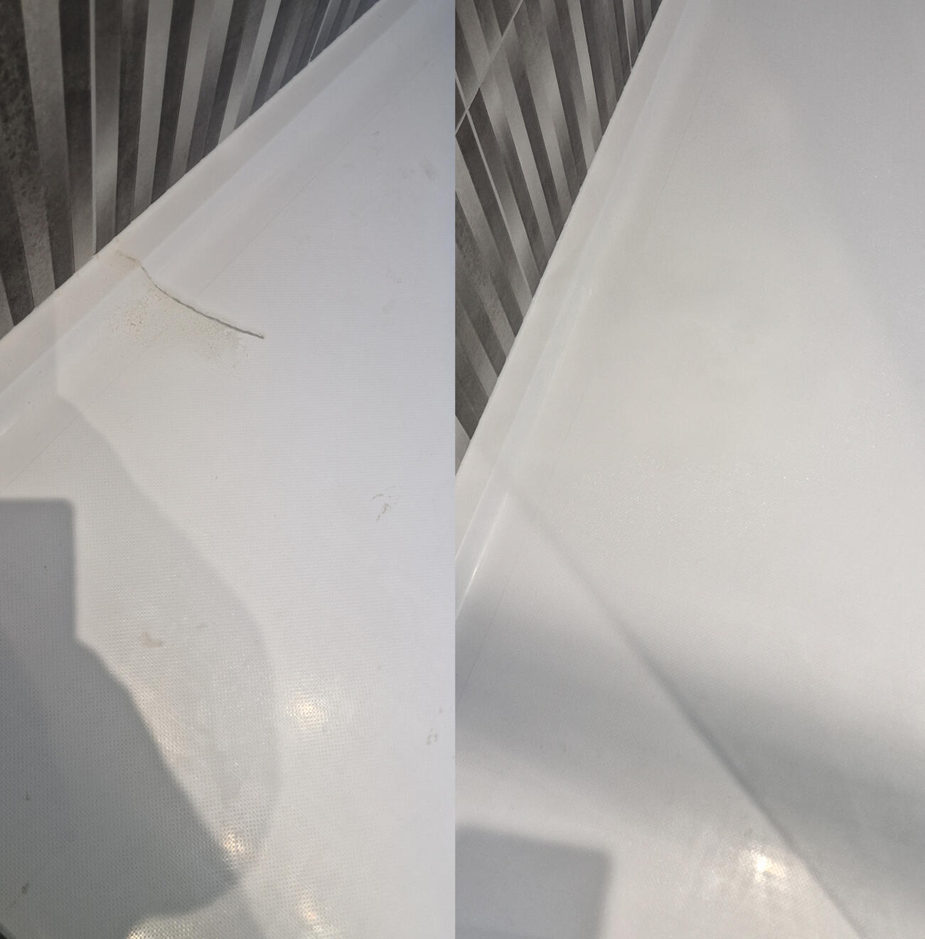 before and after pictures of a stone resin acrylic shower tray crack repair Reinforced shower tray crack repair in Southbourne, Bournemouth
