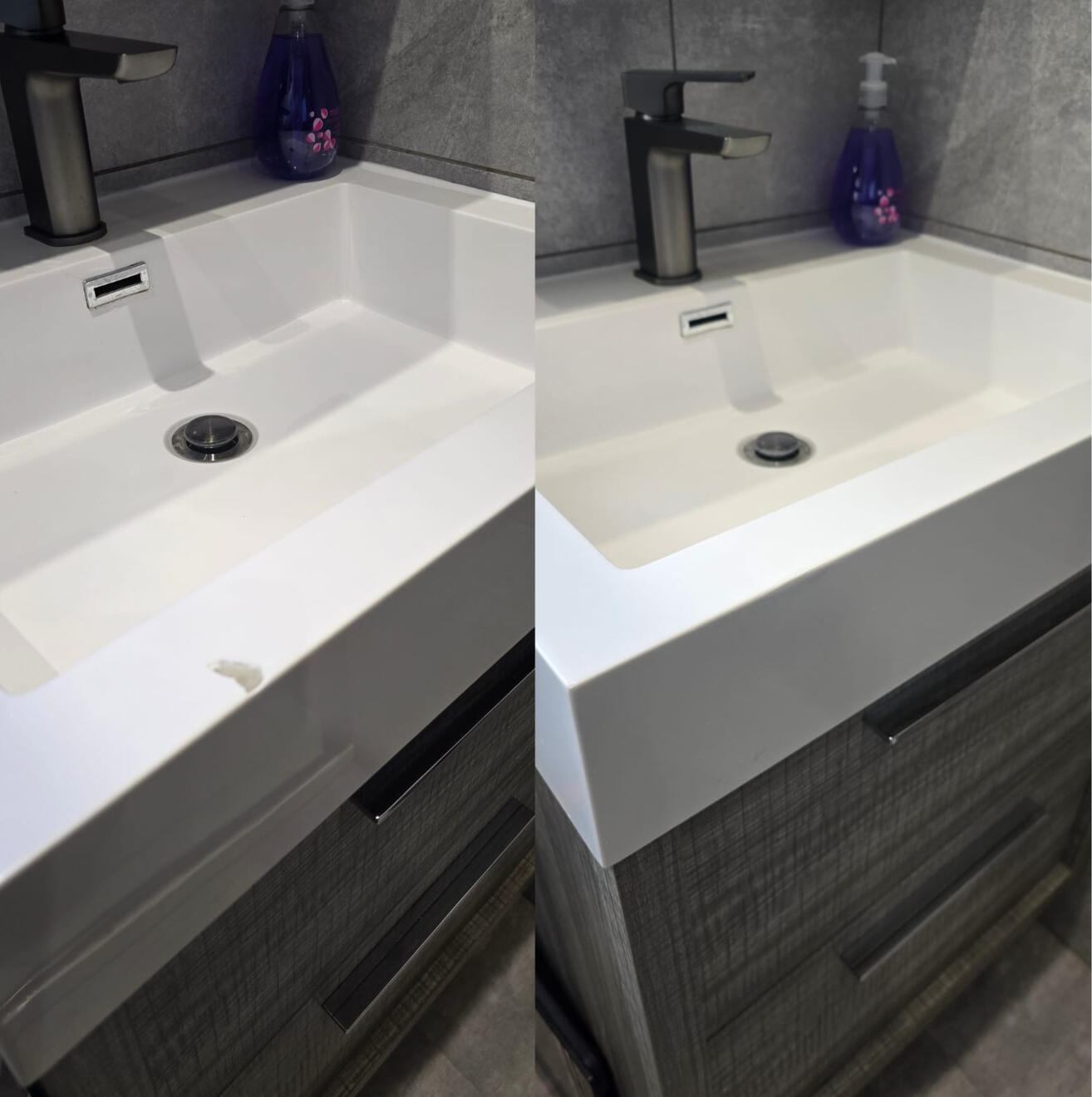 BEFORE AND AFTER PICTURES OF A COMPOSITE BATHROOM BASIN CHIP REPAIR Before and after composite bathroom basin chip repair in Boscombe, Bournemouth
