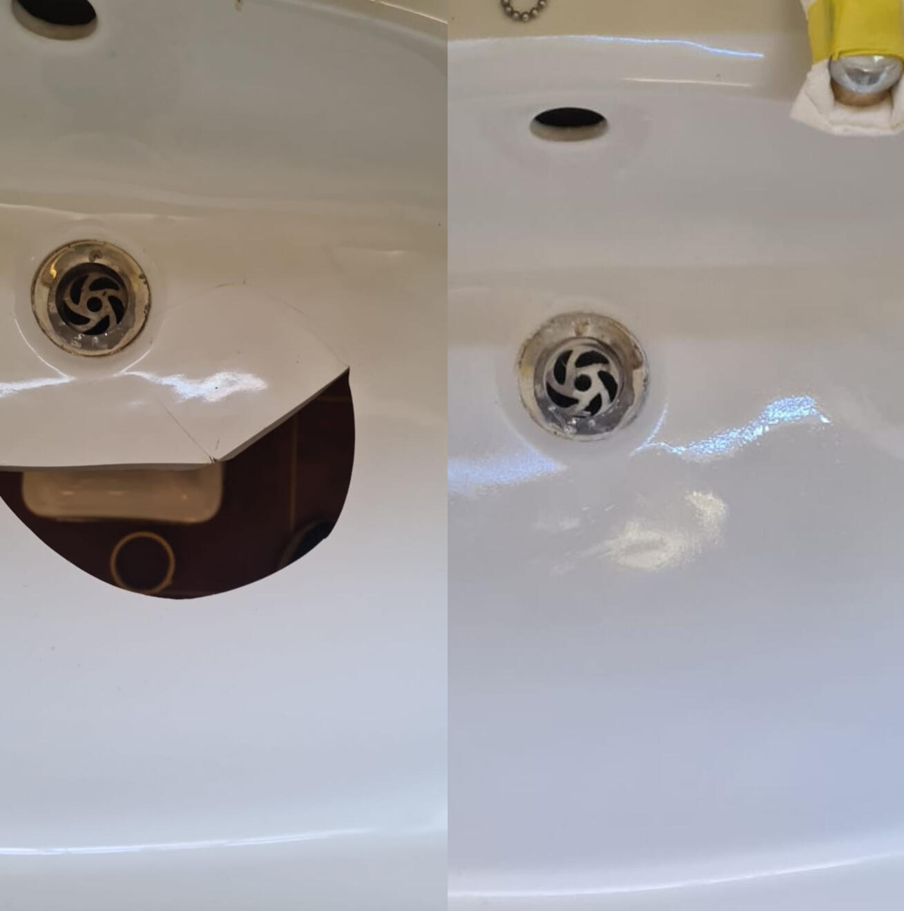 before and after pictures of a ceramic sink crack repair Before and after ceramic sink crack repair in Boscombe, Bournemouth