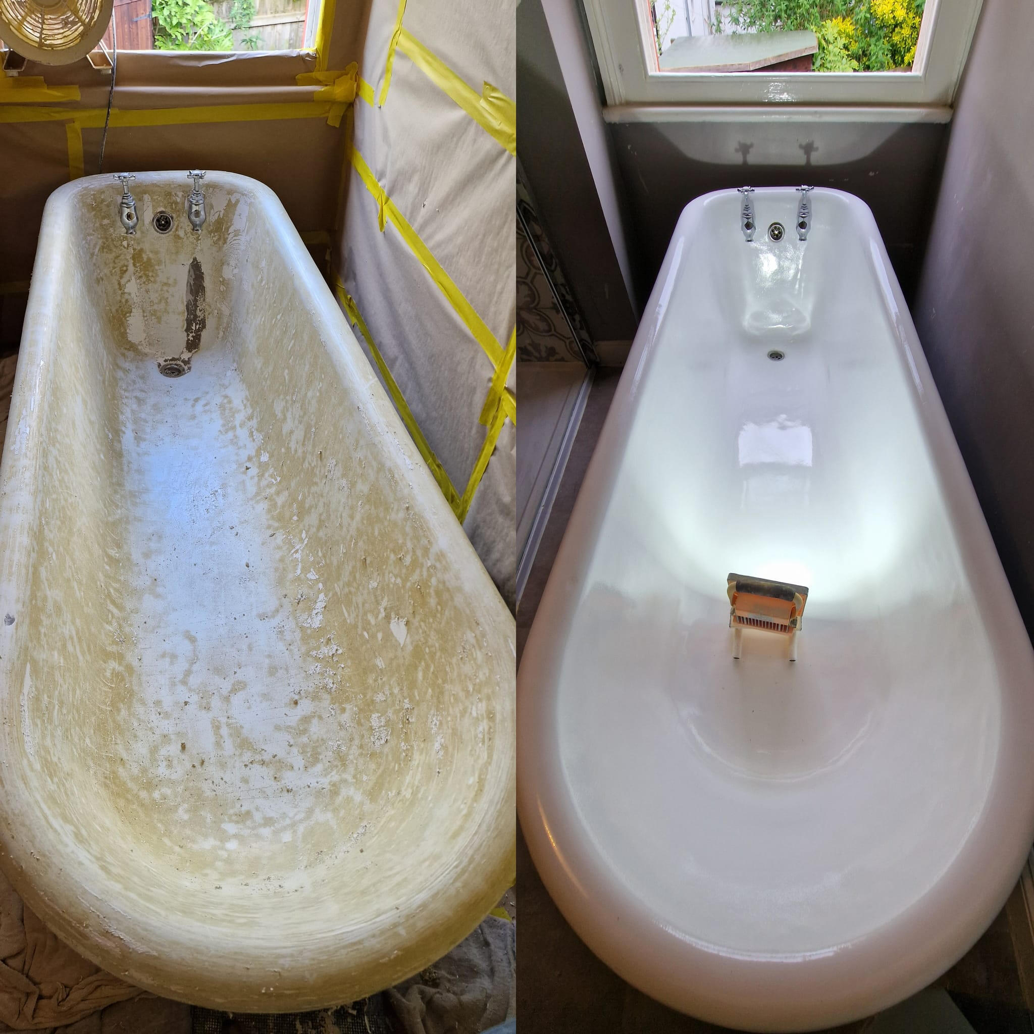 PICTURE OF A BEFORE AND AFTER OF A ROLL TOP CAST IRON BATH Before and after roll top cast iron bath re-enamelling in Westbourne, Bournemouth